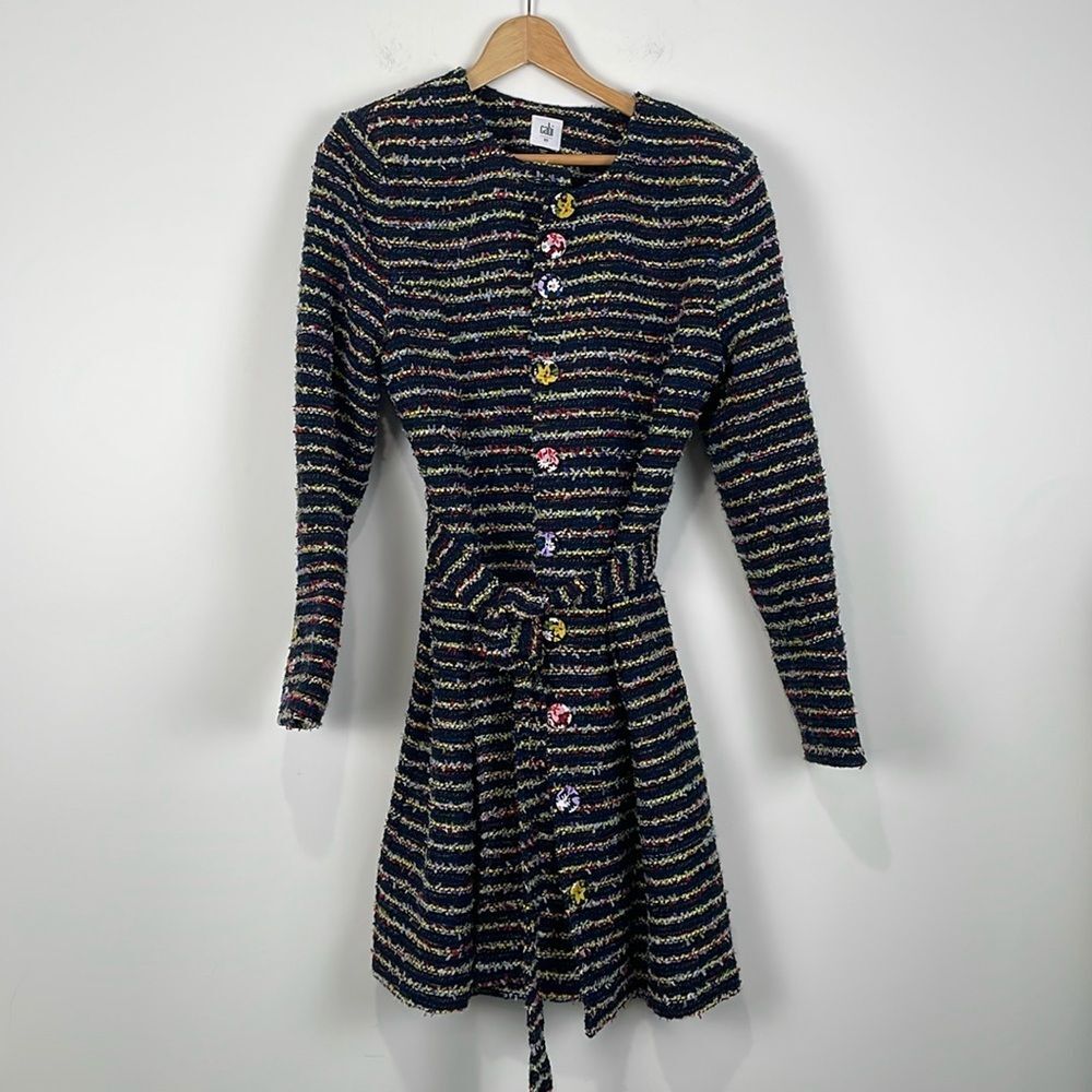 CAbi Coat Headline Topper Belted Women’s 10 Multi-Stripe Lined Thigh Length